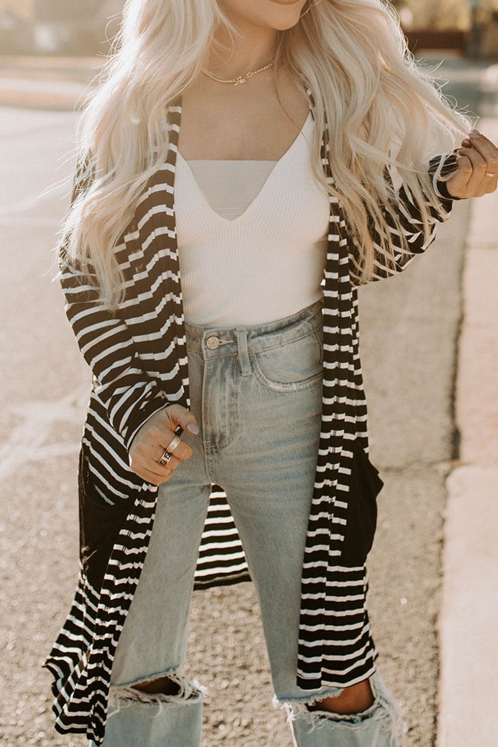 Striped Long Sleeve Cardigan with Pocket - Women’s Clothing & Accessories - Shirts & Tops - 3 - 2024