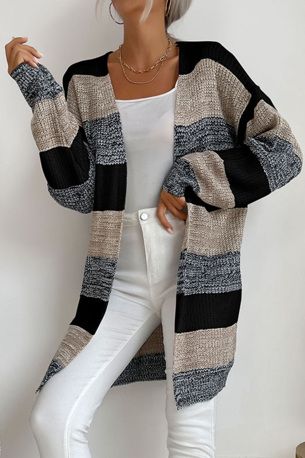 Striped Long Sleeve Duster Cardigan - Dark Gray / S - Women’s Clothing & Accessories - Shirts & Tops - 2 - 2024