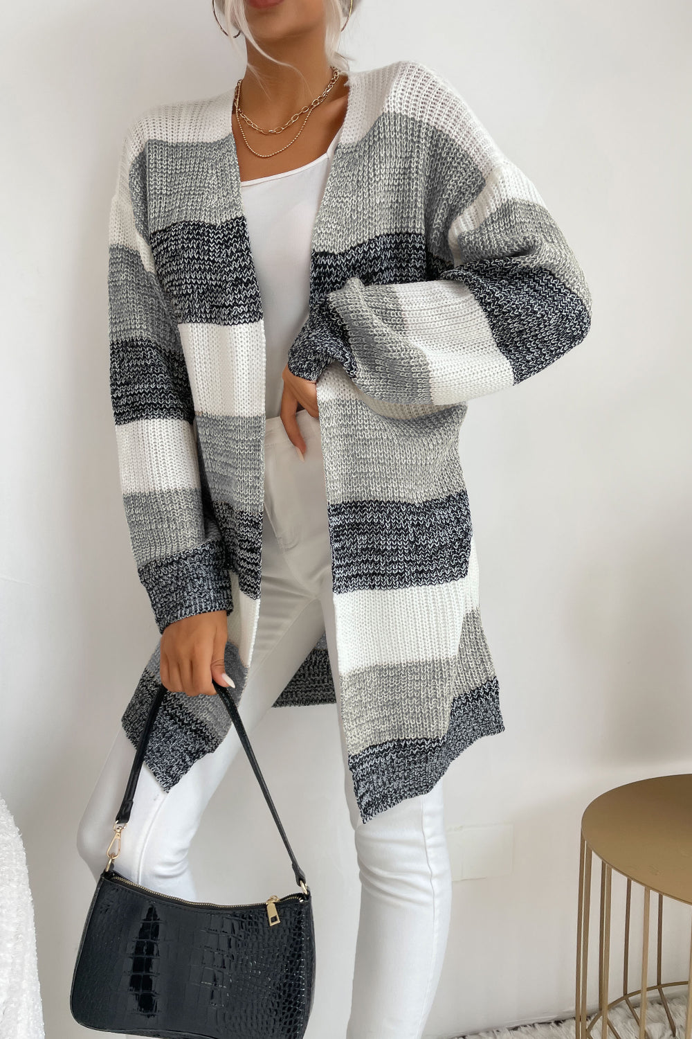 Striped Long Sleeve Duster Cardigan - White / S - Women’s Clothing & Accessories - Shirts & Tops - 7 - 2024