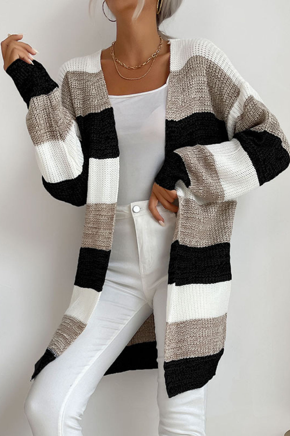 Striped Long Sleeve Duster Cardigan - Brown / S - Women’s Clothing & Accessories - Shirts & Tops - 1 - 2024
