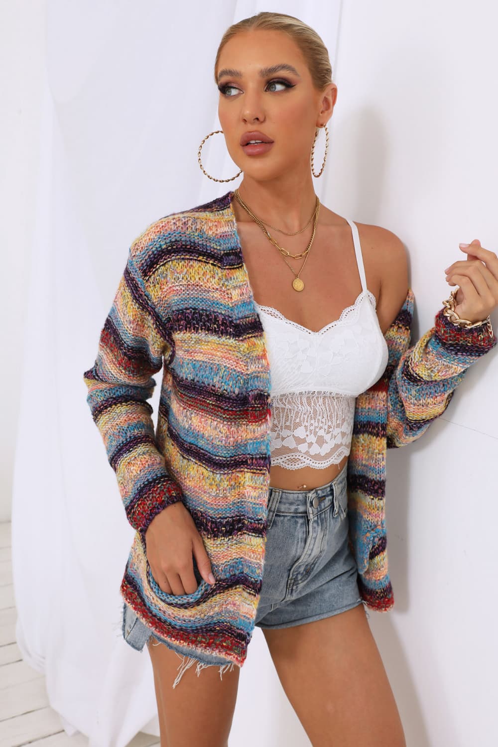 Striped Long Sleeve Open Front Cardigan - Women’s Clothing & Accessories - Shirts & Tops - 4 - 2024