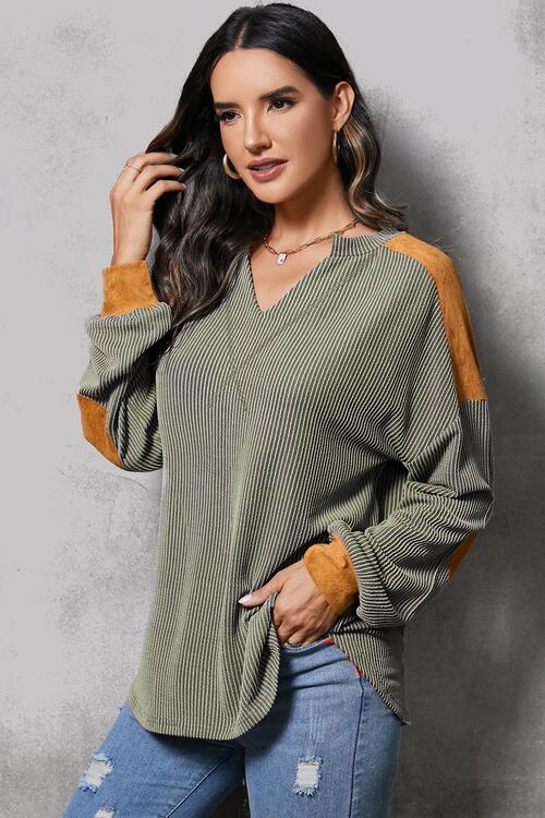 Striped Notched Long Sleeve Blouse - Charcoal / S - Women’s Clothing & Accessories - Shirts & Tops - 1 - 2024