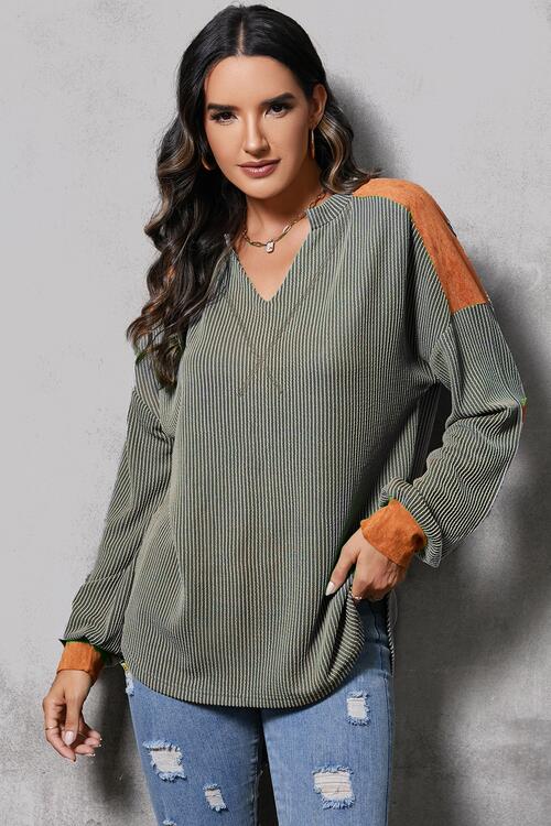 Striped Notched Long Sleeve Blouse - Women’s Clothing & Accessories - Shirts & Tops - 3 - 2024