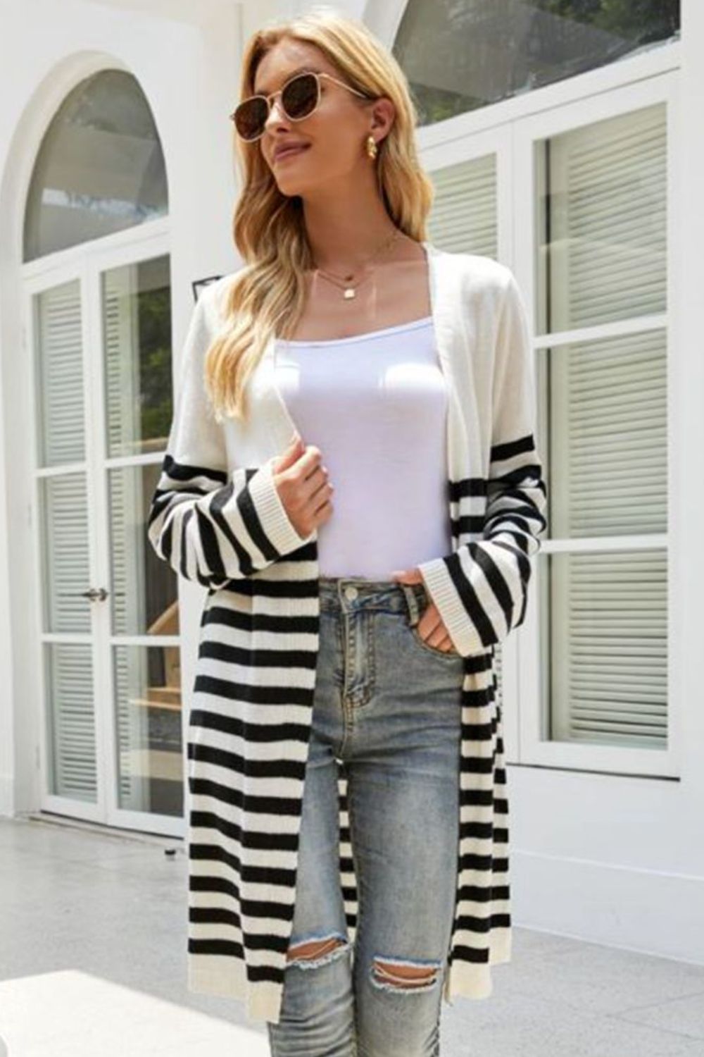 Striped Open Front Longline Cardigan - Black / S - Women’s Clothing & Accessories - Shirts & Tops - 1 - 2024
