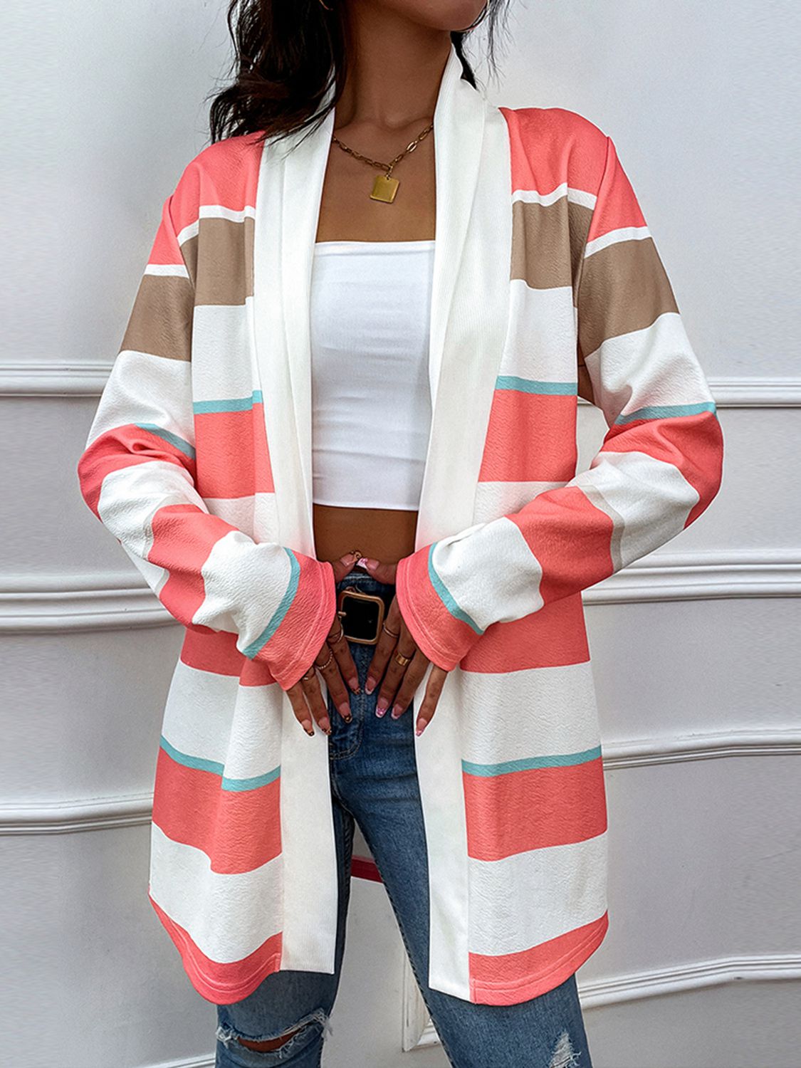 Striped Open Front Longline Cardigan - Women’s Clothing & Accessories - Shirts & Tops - 3 - 2024