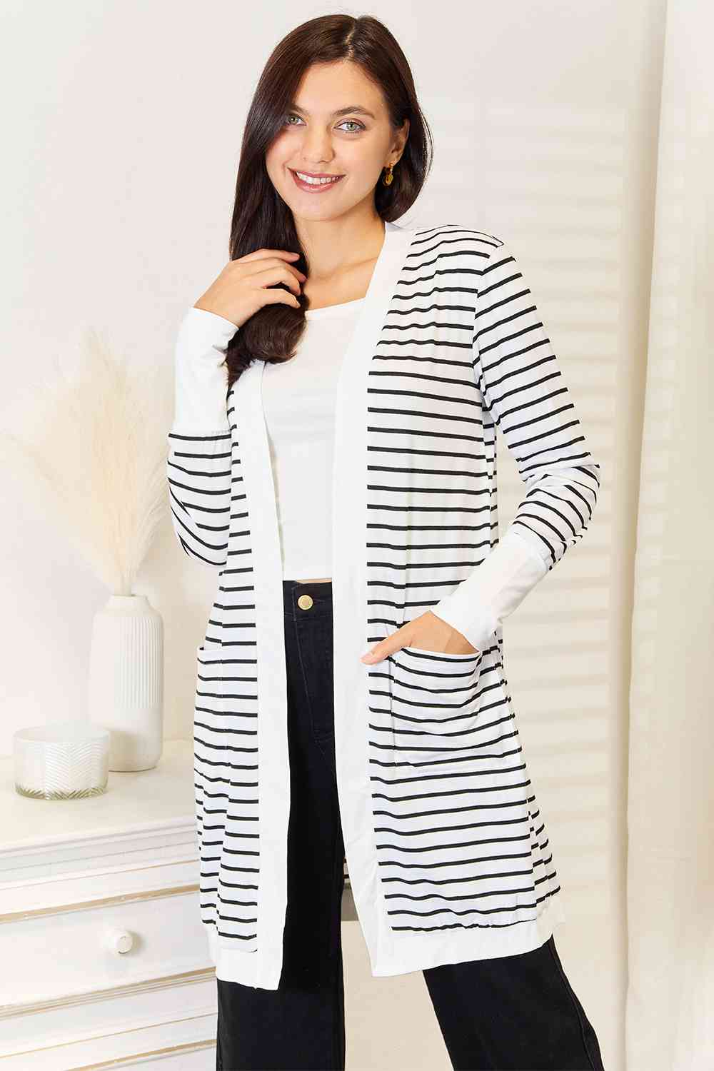 Striped Open Front Longline Cardigan - White / S - Women’s Clothing & Accessories - Shirts & Tops - 1 - 2024