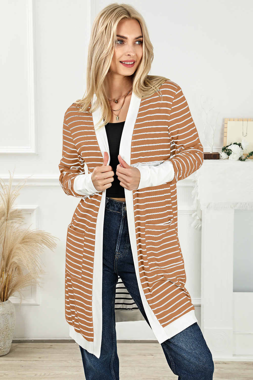 Striped Open Front Longline Cardigan - Orange / S - Women’s Clothing & Accessories - Shirts & Tops - 4 - 2024