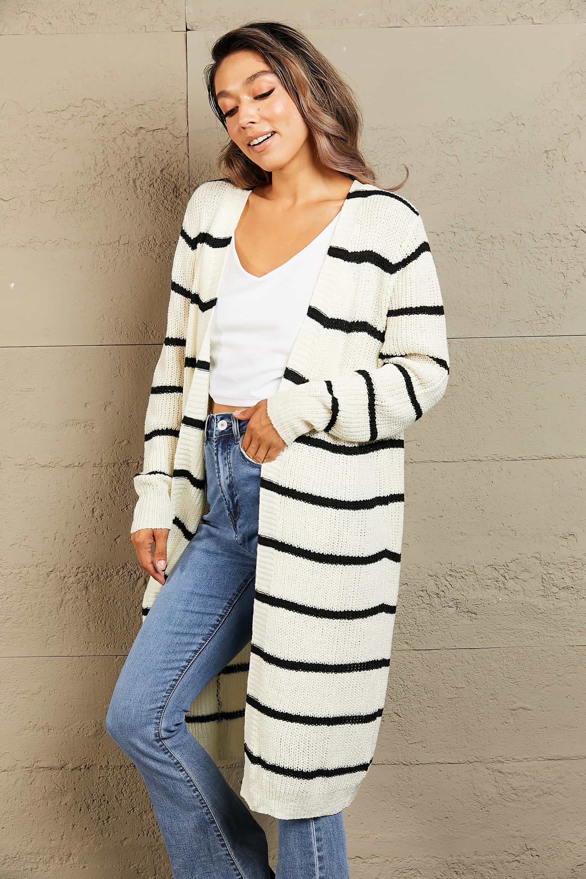 Striped Open Front Rib-Knit Duster Cardigan - Women’s Clothing & Accessories - Shirts & Tops - 4 - 2024
