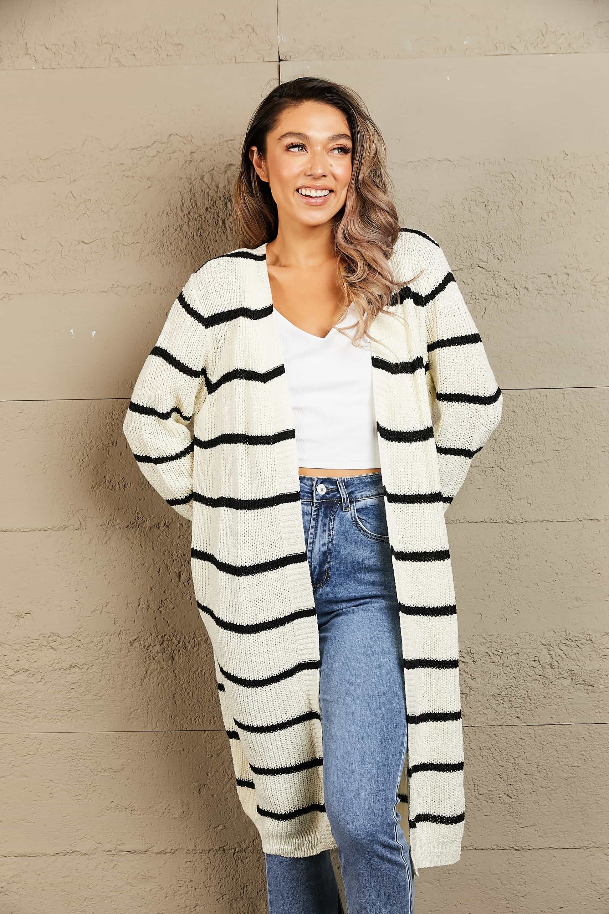 Striped Open Front Rib-Knit Duster Cardigan - Women’s Clothing & Accessories - Shirts & Tops - 1 - 2024
