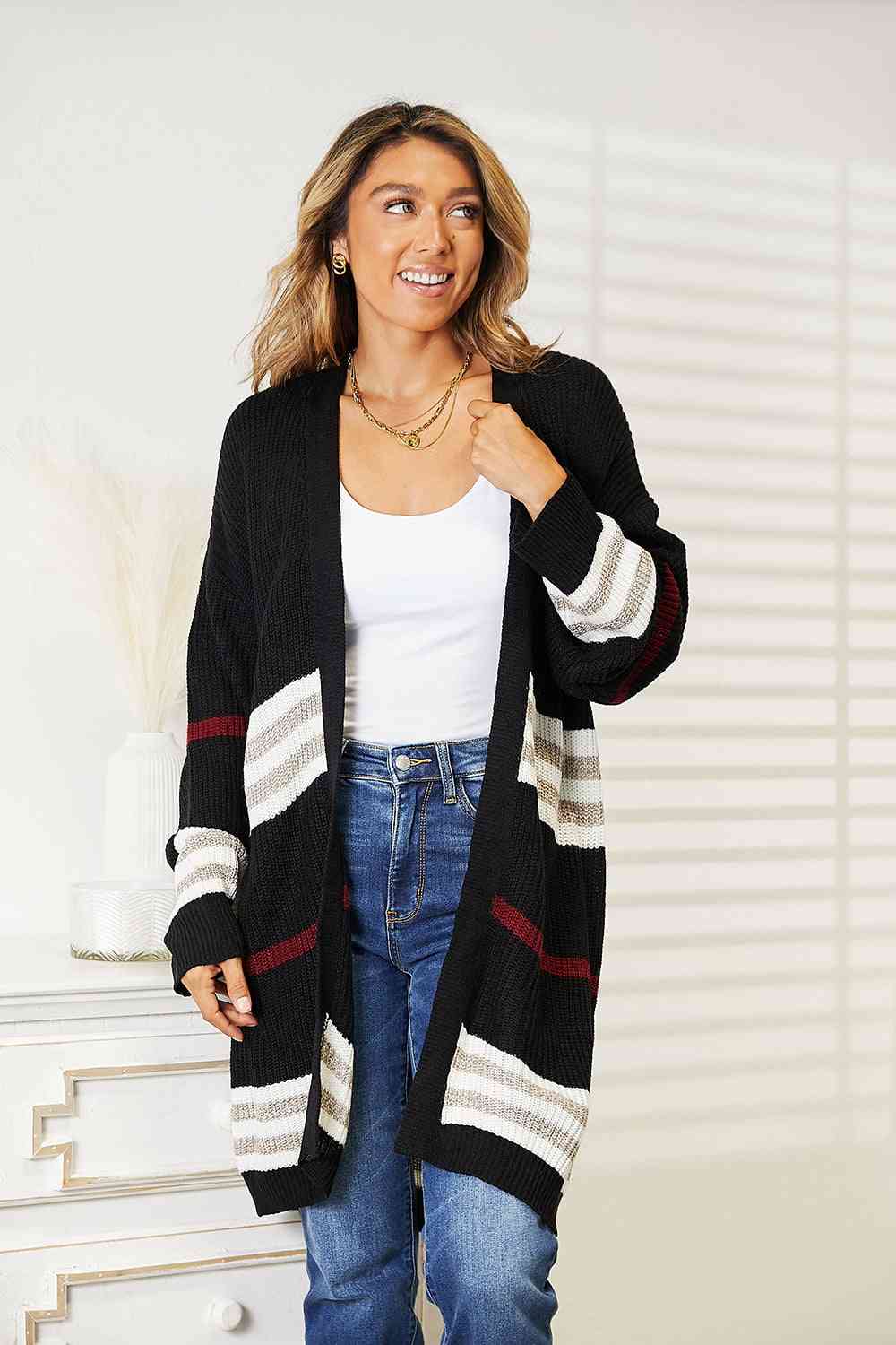 Striped Rib-Knit Drop Shoulder Open Front Cardigan - Black / S - Women’s Clothing & Accessories - Shirts & Tops - 1