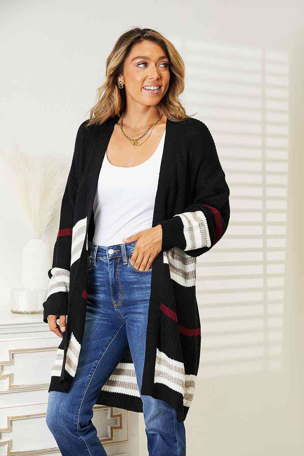 Striped Rib-Knit Drop Shoulder Open Front Cardigan - Women’s Clothing & Accessories - Shirts & Tops - 3 - 2024