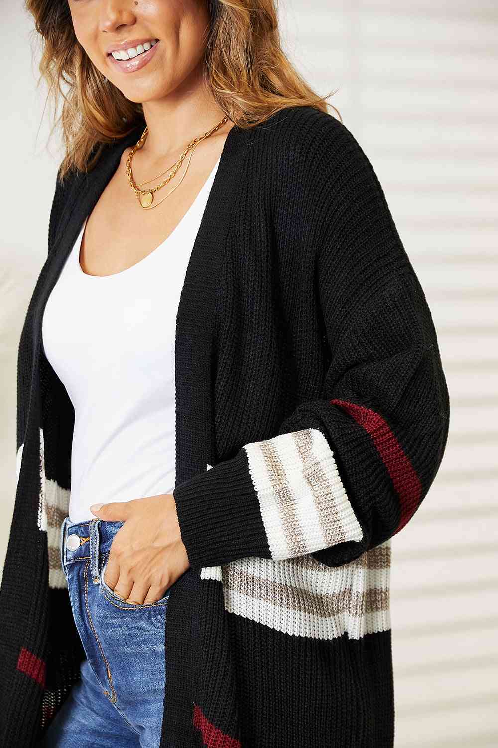 Striped Rib-Knit Drop Shoulder Open Front Cardigan - Women’s Clothing & Accessories - Shirts & Tops - 4 - 2024