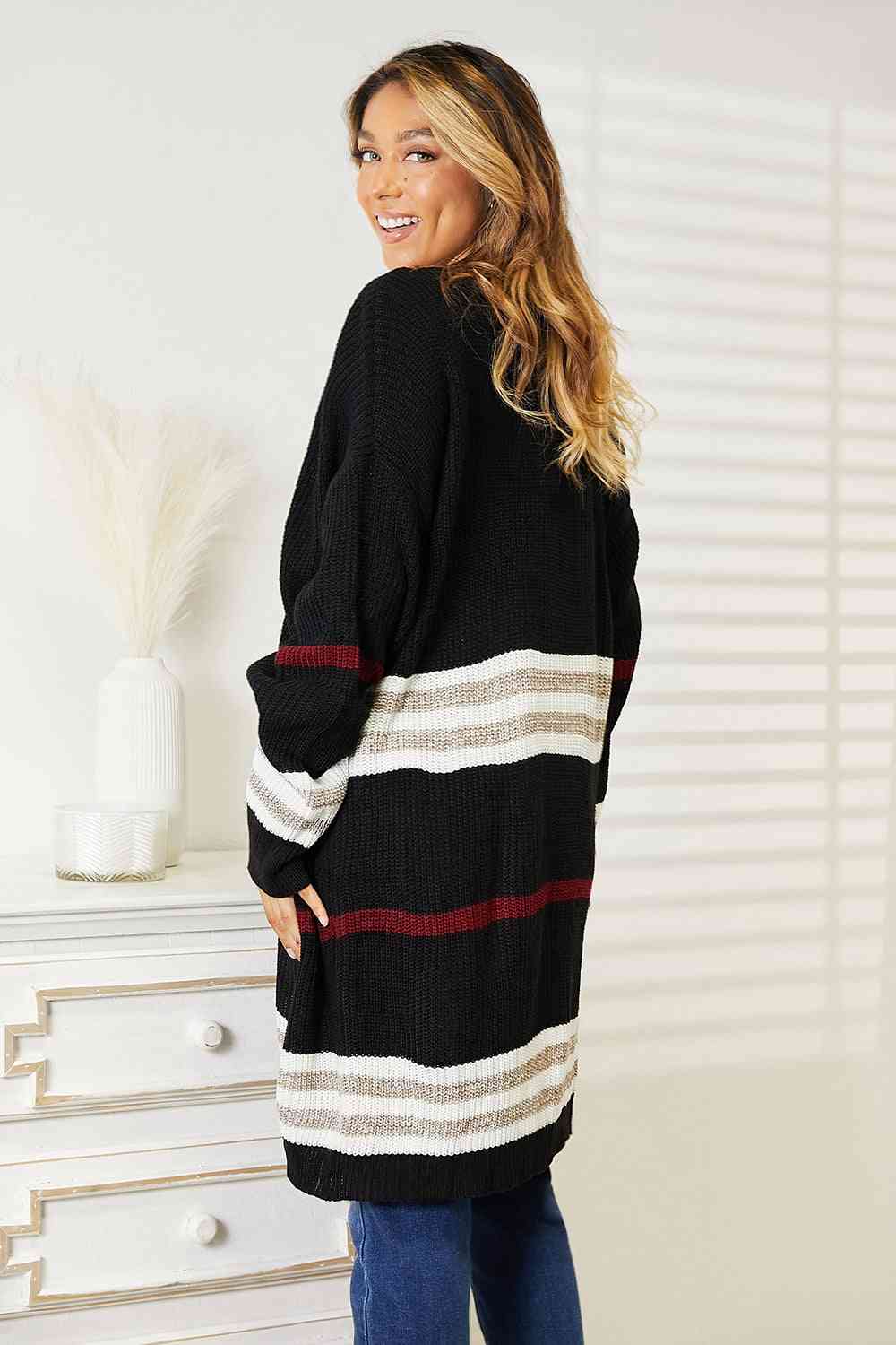 Striped Rib-Knit Drop Shoulder Open Front Cardigan - Women’s Clothing & Accessories - Shirts & Tops - 2 - 2024