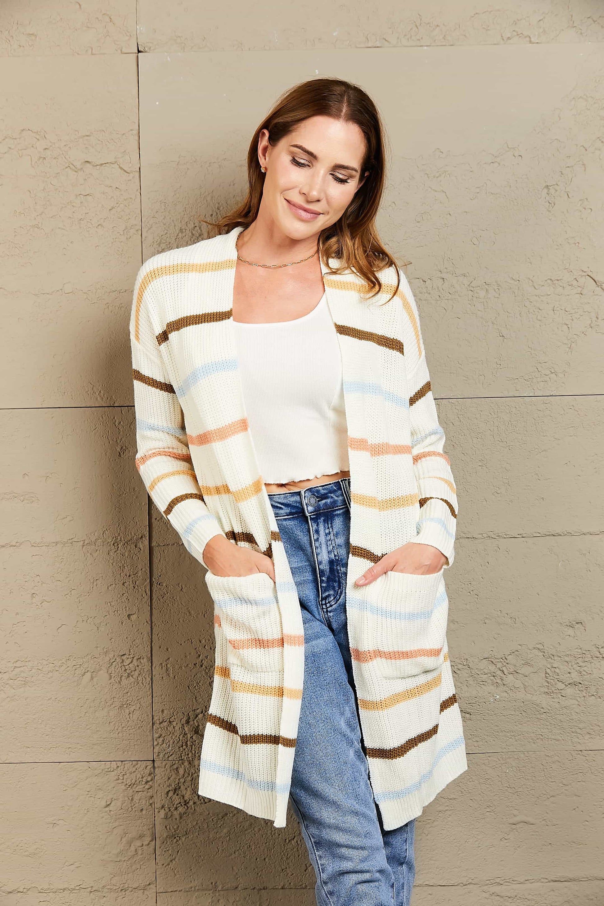 Striped Rib-Knit Open Front Pocketed Cardigan - Women’s Clothing & Accessories - Shirts & Tops - 1 - 2024