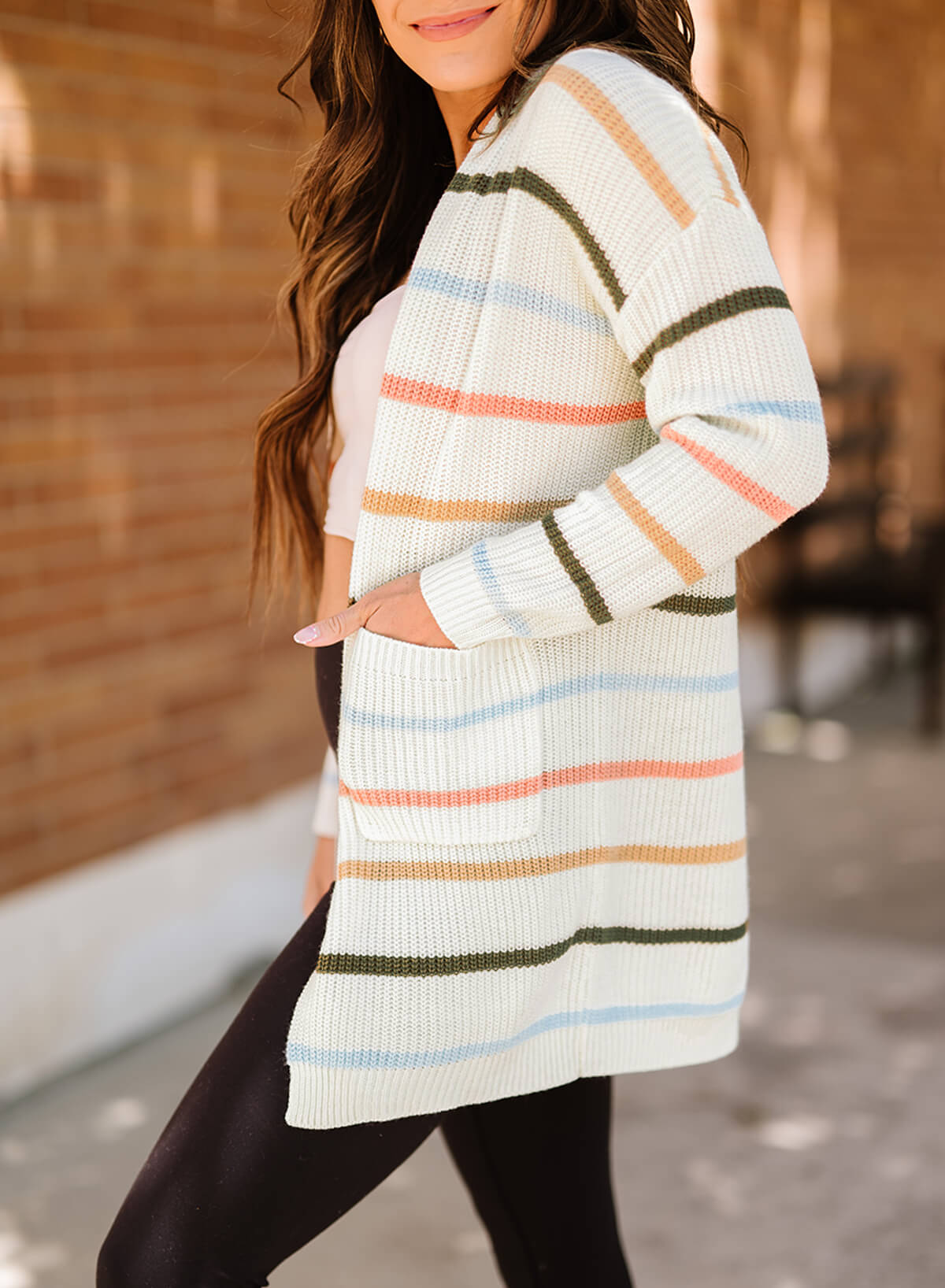 Striped Rib-Knit Open Front Pocketed Cardigan - Women’s Clothing & Accessories - Shirts & Tops - 7 - 2024