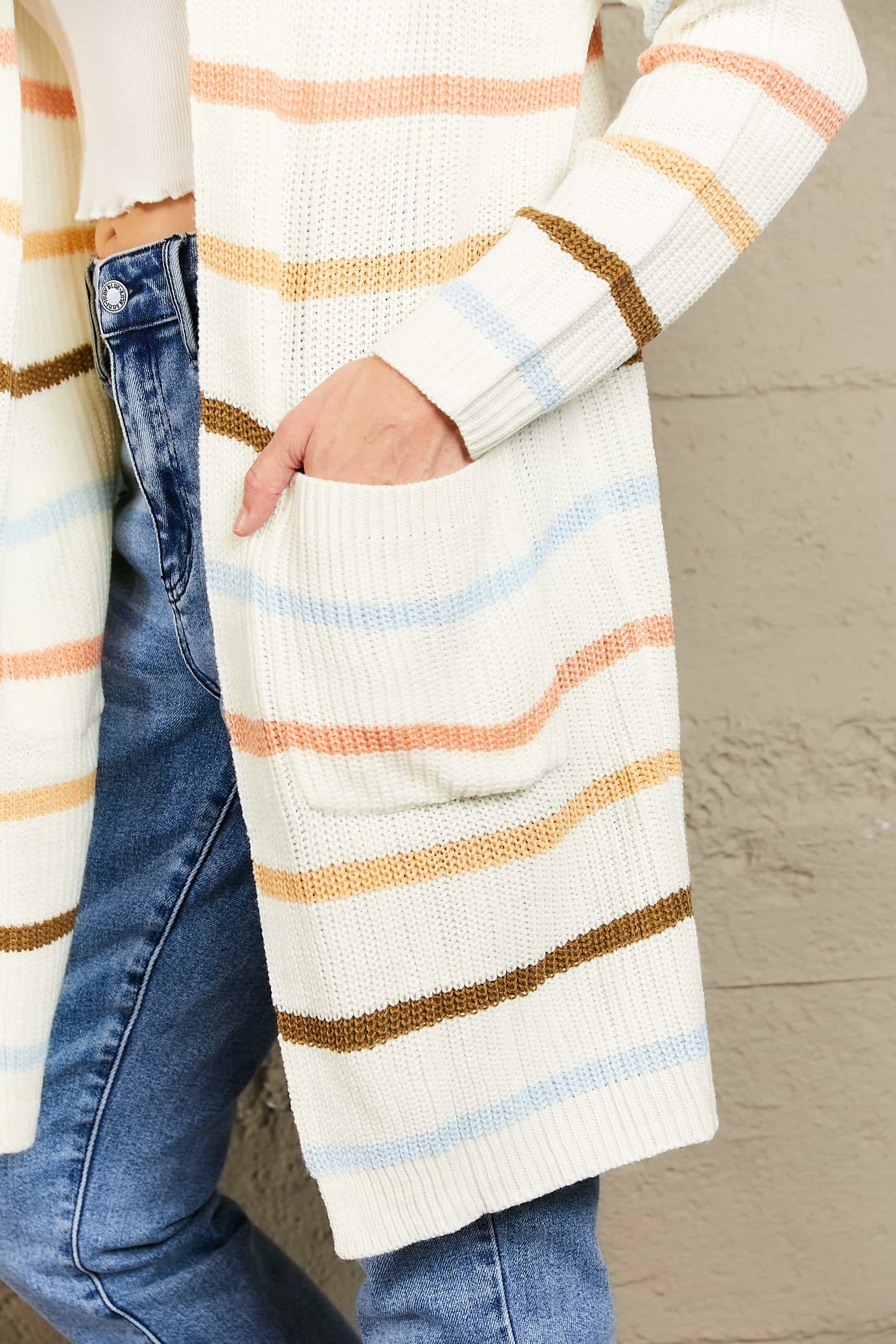 Striped Rib-Knit Open Front Pocketed Cardigan - Women’s Clothing & Accessories - Shirts & Tops - 5 - 2024