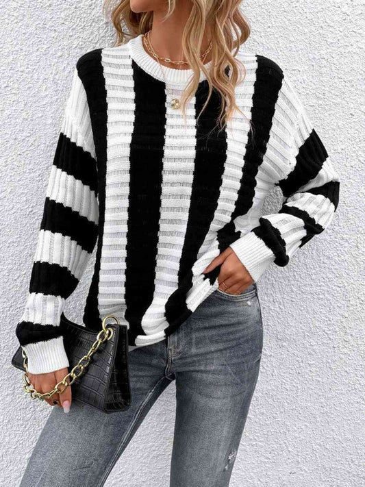 Striped Round Neck Long Sleeve Knit Top - Black / S - Women’s Clothing & Accessories - Shirts & Tops - 1 - 2024