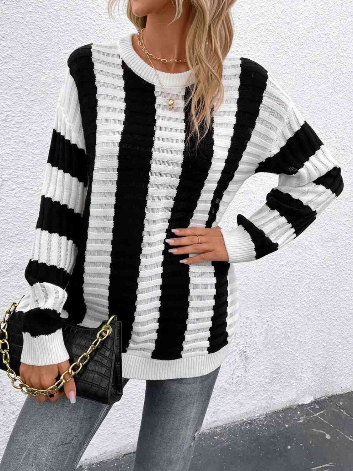 Striped Round Neck Long Sleeve Knit Top - Women’s Clothing & Accessories - Shirts & Tops - 3 - 2024