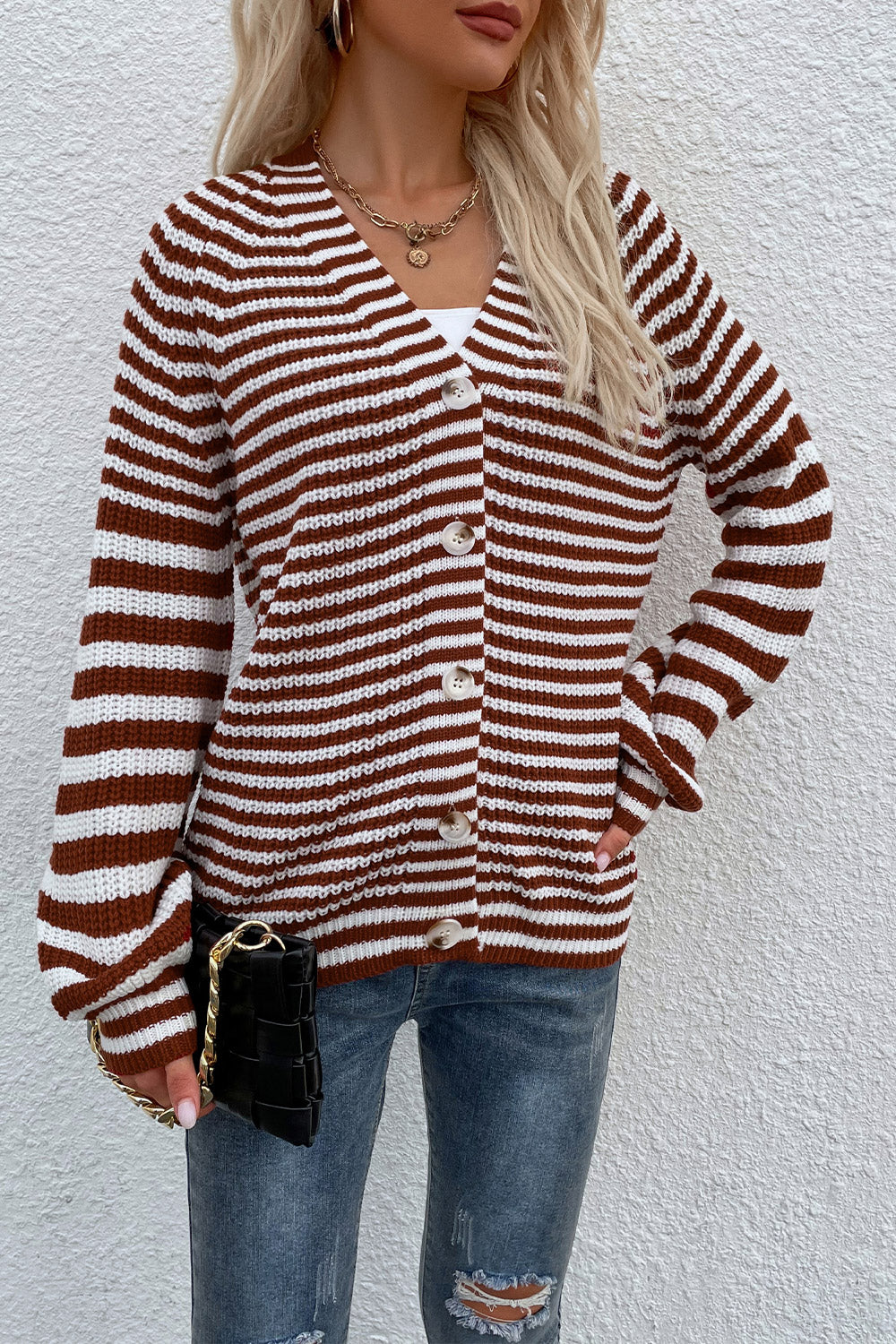 Striped V-Neck Button-Down Cardigan - Red / S - Women’s Clothing & Accessories - Shirts & Tops - 3 - 2024
