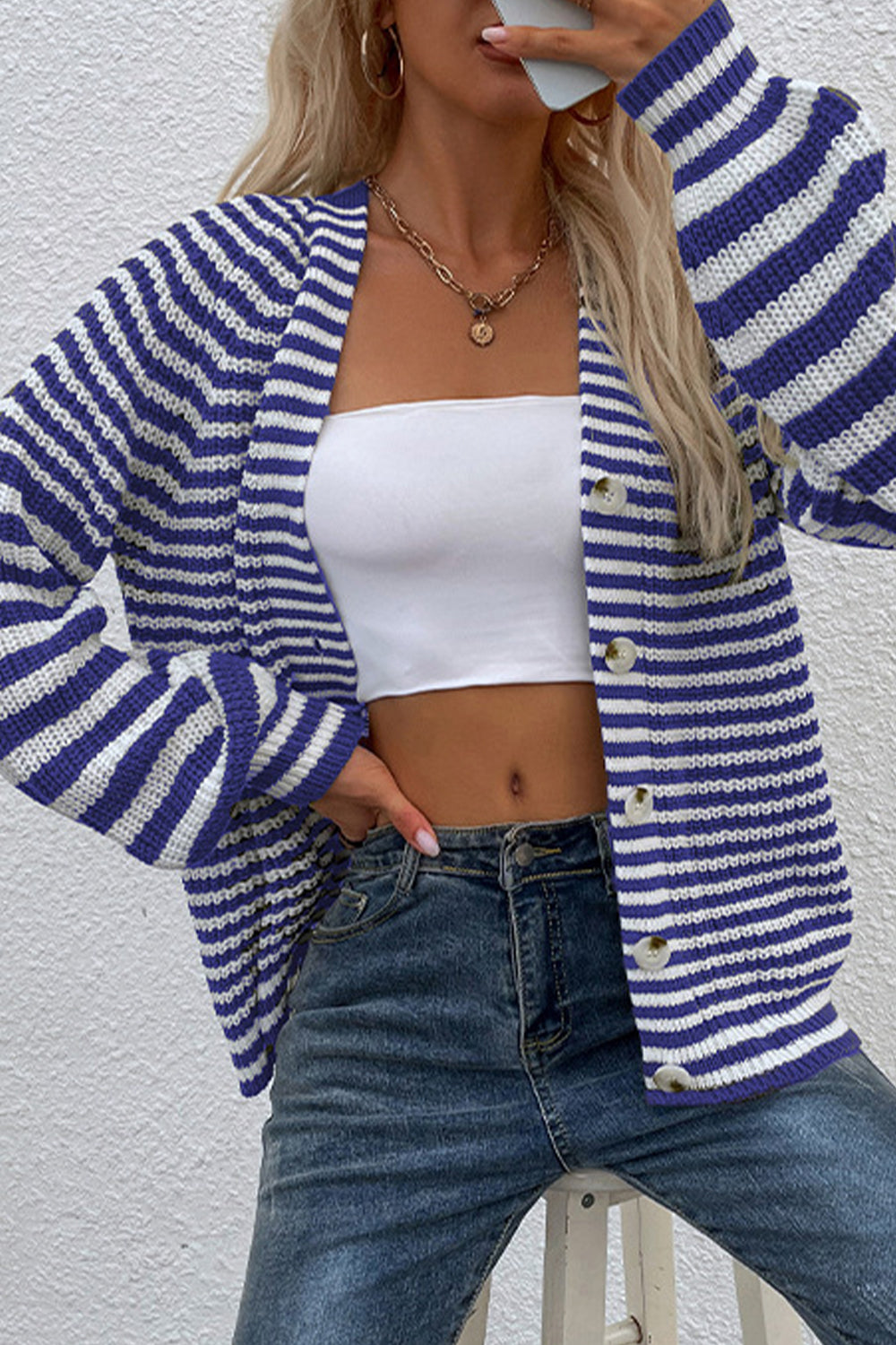 Striped V-Neck Button-Down Cardigan - Women’s Clothing & Accessories - Shirts & Tops - 17 - 2024