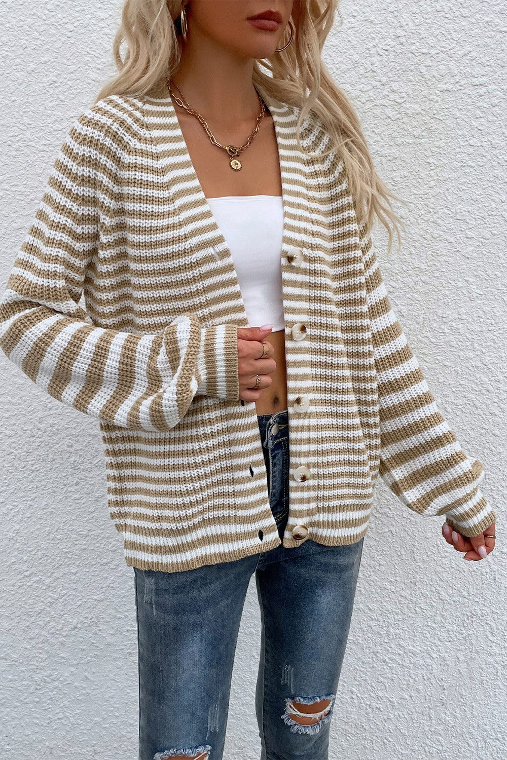 Striped V-Neck Button-Down Cardigan - Women’s Clothing & Accessories - Shirts & Tops - 5 - 2024
