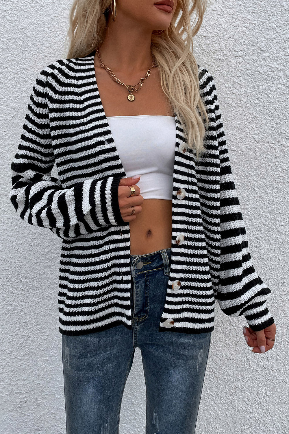 Striped V-Neck Button-Down Cardigan - Women’s Clothing & Accessories - Shirts & Tops - 11 - 2024