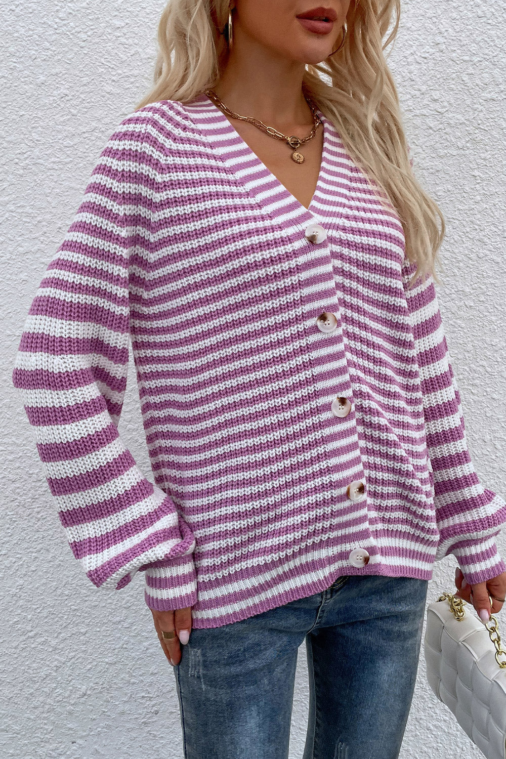 Striped V-Neck Button-Down Cardigan - Purple / S - Women’s Clothing & Accessories - Shirts & Tops - 7 - 2024