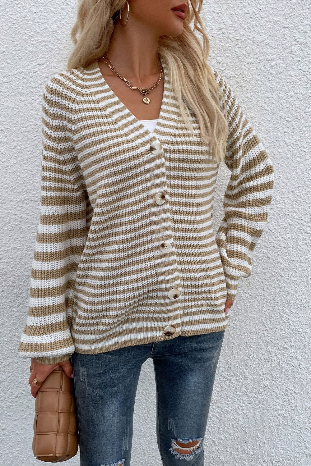 Striped V-Neck Button-Down Cardigan - Khaki / S - Women’s Clothing & Accessories - Shirts & Tops - 4 - 2024