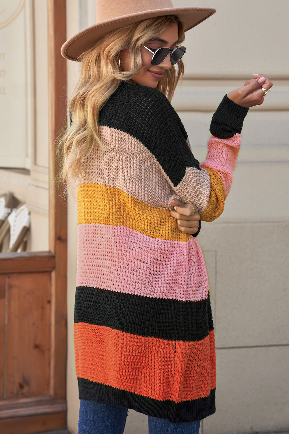 Striped Waffle Knit Open Front Cardigan - Women’s Clothing & Accessories - Shirts & Tops - 3 - 2024