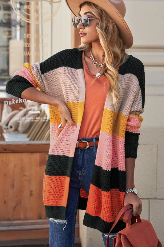 Striped Waffle Knit Open Front Cardigan - Women’s Clothing & Accessories - Shirts & Tops - 2 - 2024