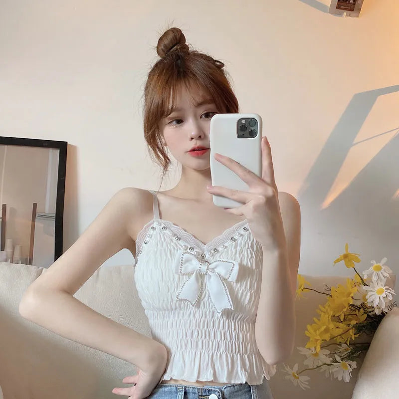 Summer Lace Bow Camisole - Pleated Crop Tops Vintage Harajuku Style - White / One Size(35-60kg) - Women’s Clothing &