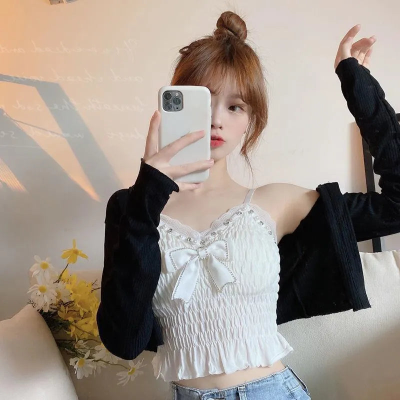 Summer Lace Bow Camisole - Pleated Crop Tops Vintage Harajuku Style - Women’s Clothing & Accessories - Shirts & Tops