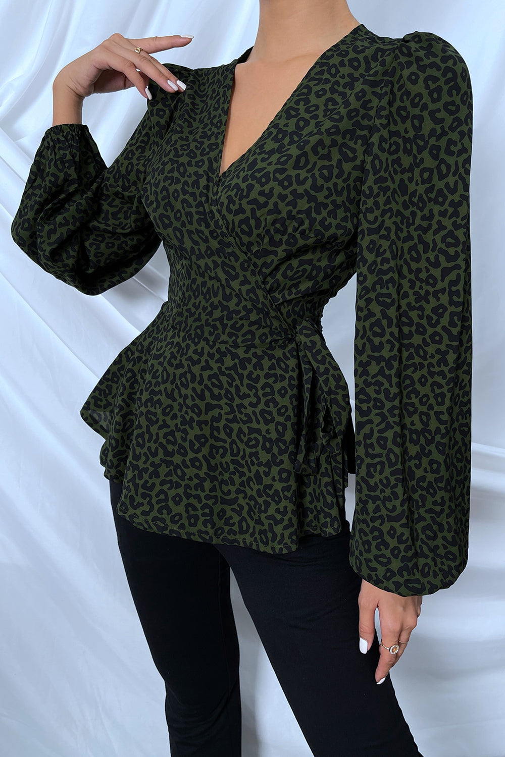 Surplice Neck Leopard Print Side Tie Blouse - Women’s Clothing & Accessories - Shirts & Tops - 4 - 2024