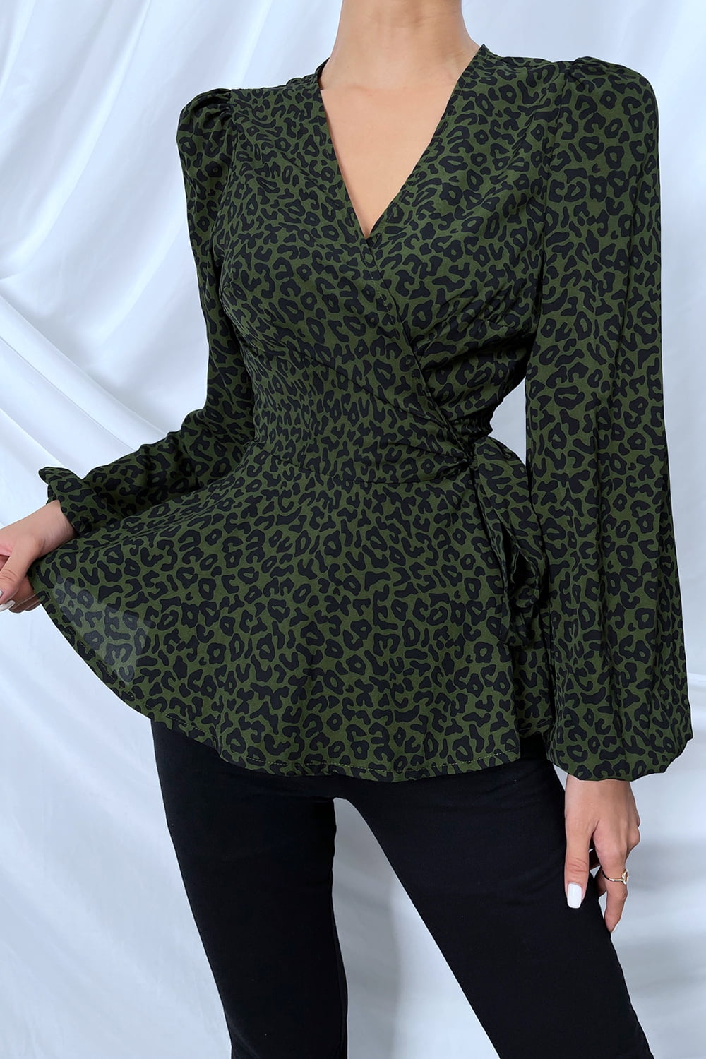 Surplice Neck Leopard Print Side Tie Blouse - Black / XS - Women’s Clothing & Accessories - Shirts & Tops - 1 - 2024