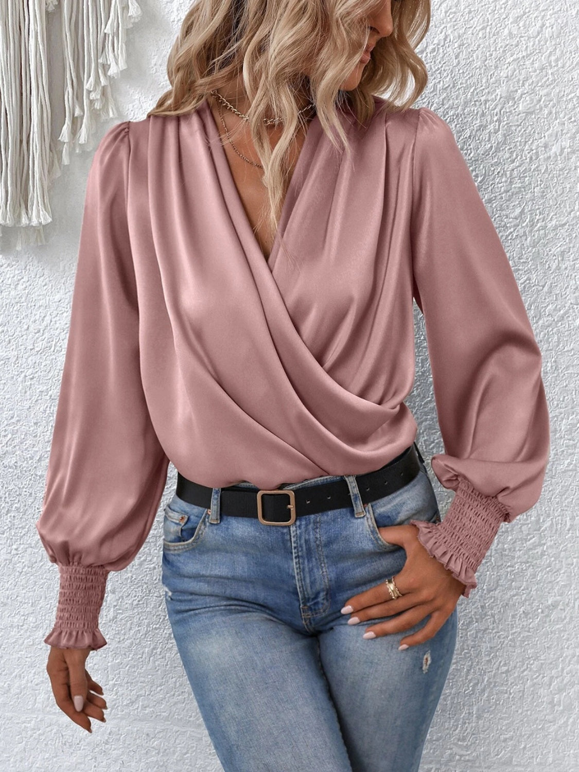 Surplice Smocked Lantern Sleeve Blouse - Women’s Clothing & Accessories - Shirts & Tops - 12 - 2024