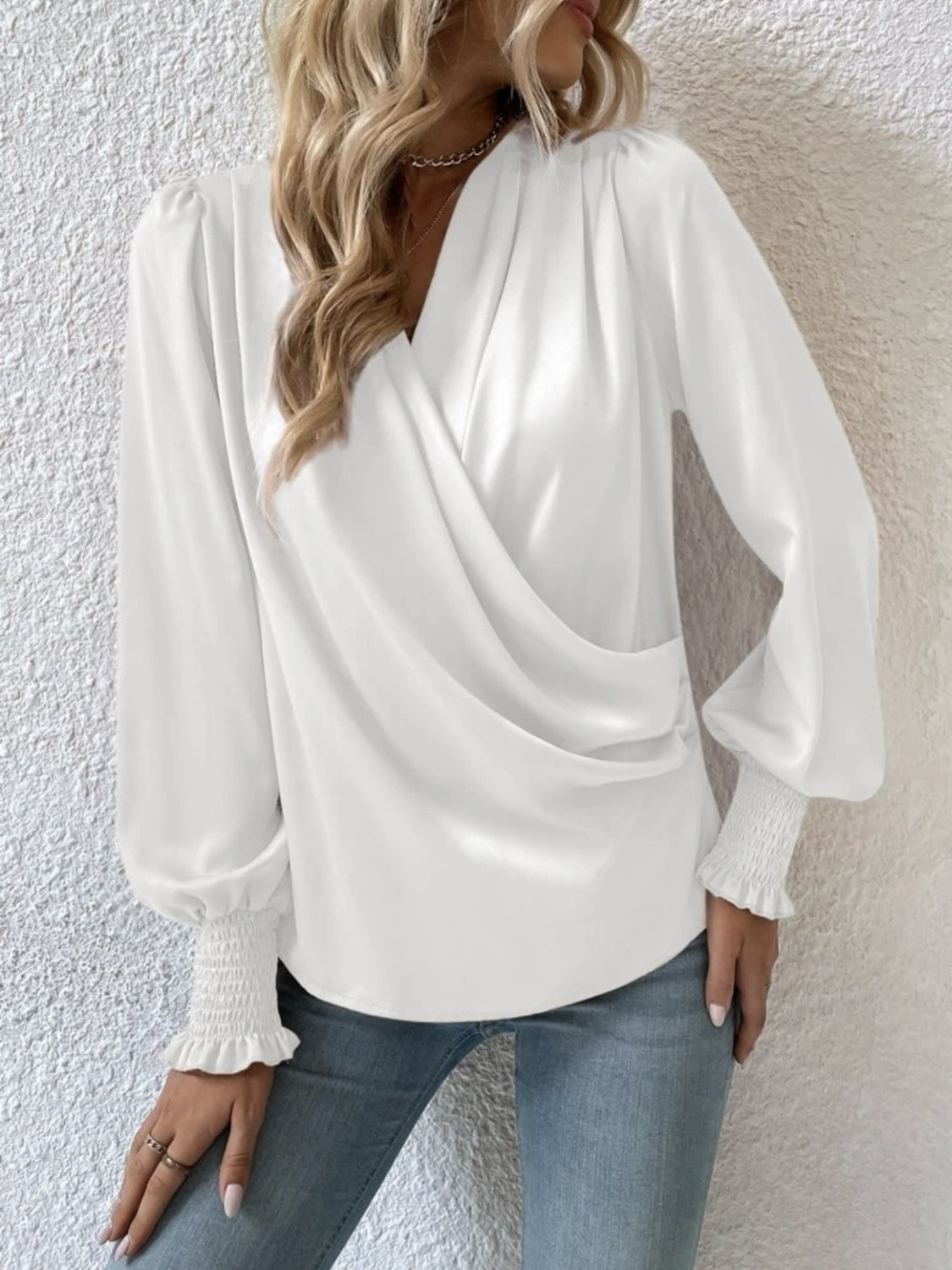 Surplice Smocked Lantern Sleeve Blouse - White / S - Women’s Clothing & Accessories - Shirts & Tops - 4 - 2024
