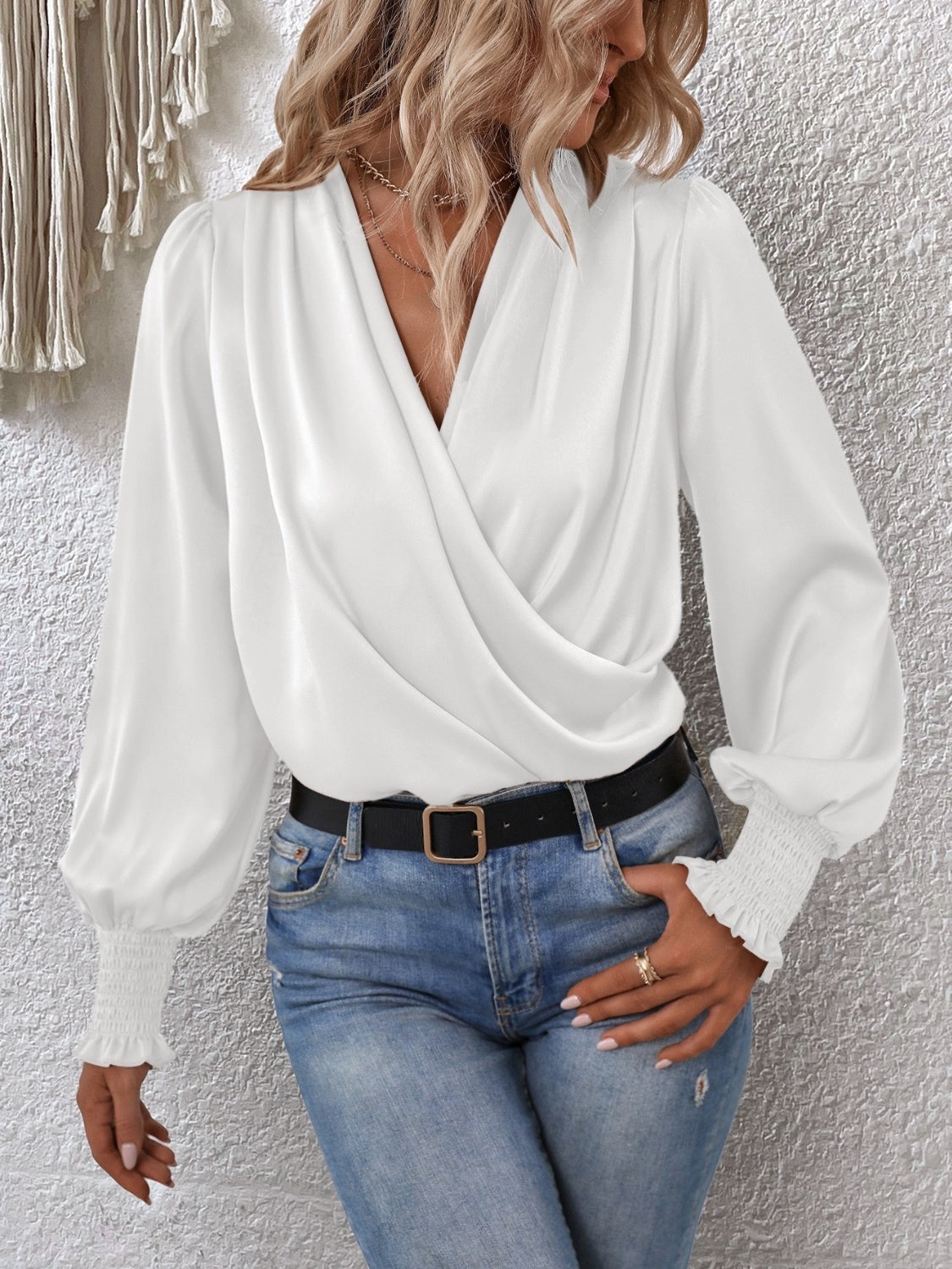 Surplice Smocked Lantern Sleeve Blouse - Women’s Clothing & Accessories - Shirts & Tops - 6 - 2024