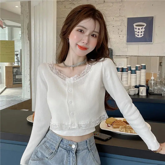 Sweet Long-Sleeved Korean Lace Patchwork Thin Cardigan - white / One Size - Women’s Clothing & Accessories - Shirts &