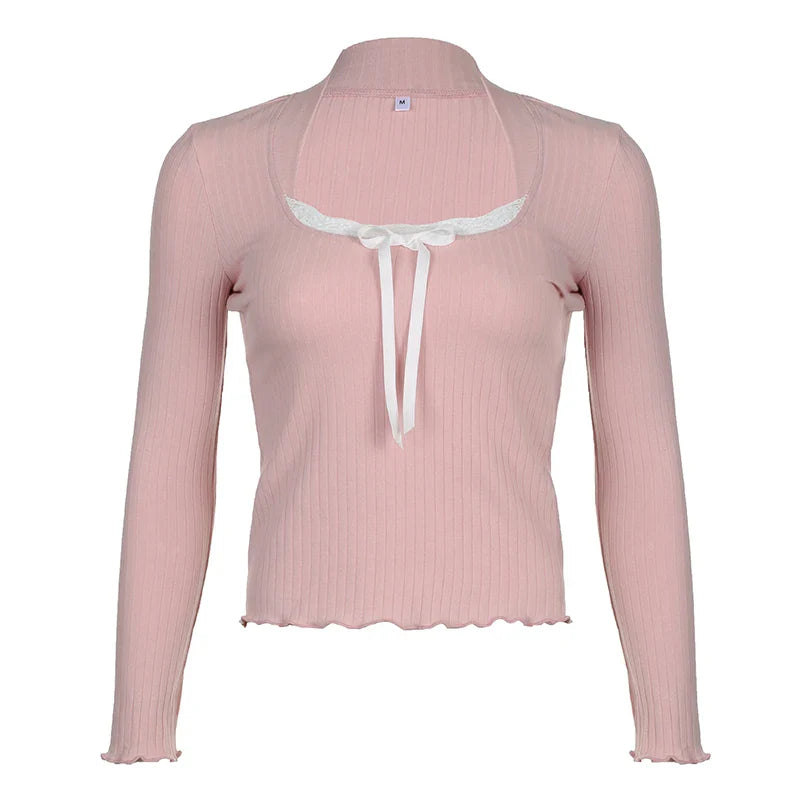 Sweet Pink Bow Crop Top - Lace Stitched Collar - Pink / M - Women’s Clothing & Accessories - Shirts & Tops - 5 - 2024