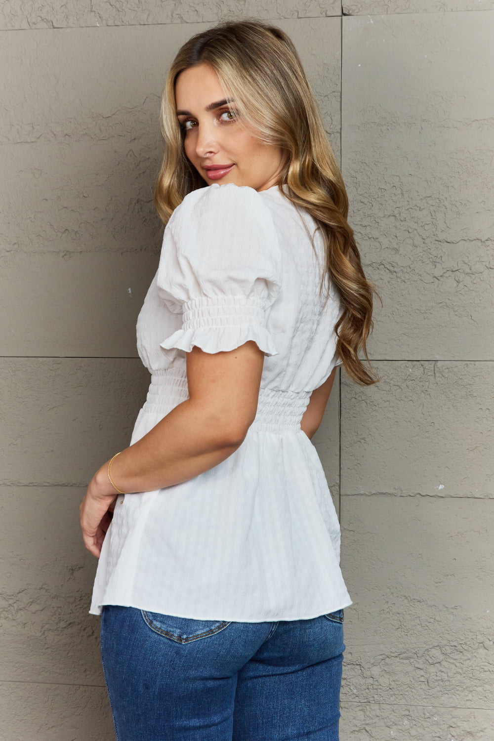 Sweet Serenity Full Size V-Neck Puff Sleeve Button Down Top - Women’s Clothing & Accessories - Shirts & Tops - 2 - 2024