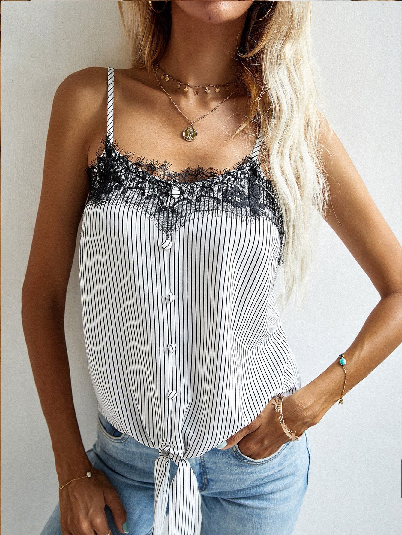 Sweetheart Neck Lace Detail Tie Front Striped Cami - Stripe / S - Women’s Clothing & Accessories - Shirts & Tops - 1