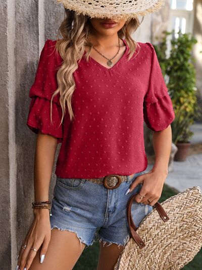 Swiss Dot V-Neck Short Sleeve Blouse - Wine / S - Women’s Clothing & Accessories - Shirts & Tops - 14 - 2024
