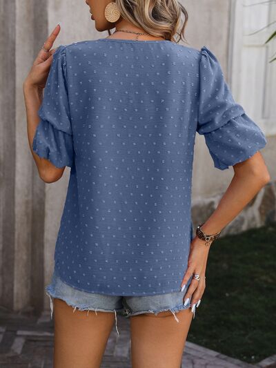 Swiss Dot V-Neck Short Sleeve Blouse - Women’s Clothing & Accessories - Shirts & Tops - 25 - 2024