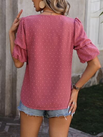 Swiss Dot V-Neck Short Sleeve Blouse - Women’s Clothing & Accessories - Shirts & Tops - 4 - 2024