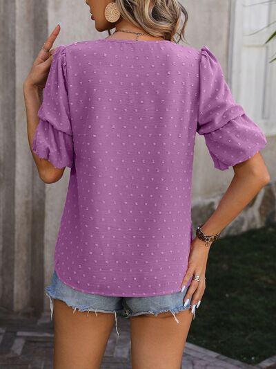 Swiss Dot V-Neck Short Sleeve Blouse - Women’s Clothing & Accessories - Shirts & Tops - 10 - 2024