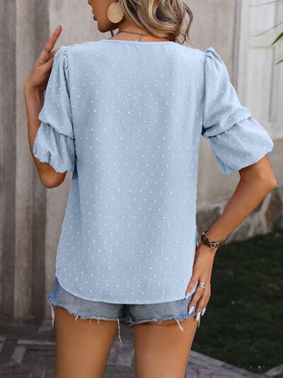 Swiss Dot V-Neck Short Sleeve Blouse - Women’s Clothing & Accessories - Shirts & Tops - 13 - 2024