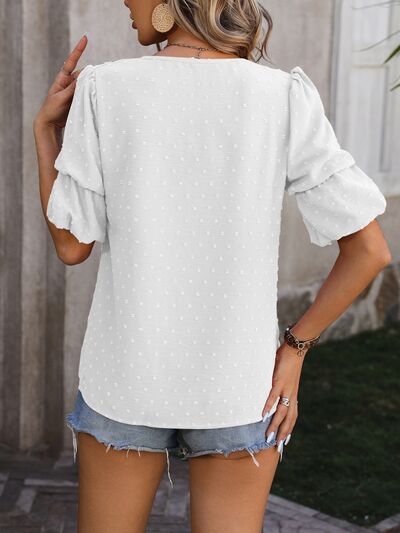 Swiss Dot V-Neck Short Sleeve Blouse - Women’s Clothing & Accessories - Shirts & Tops - 19 - 2024