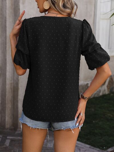 Swiss Dot V-Neck Short Sleeve Blouse - Women’s Clothing & Accessories - Shirts & Tops - 22 - 2024