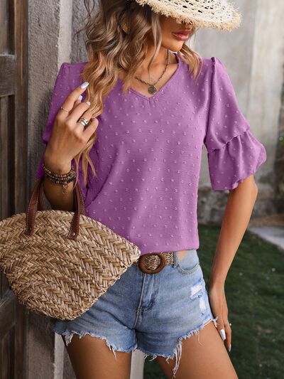 Swiss Dot V-Neck Short Sleeve Blouse - Lavender / S - Women’s Clothing & Accessories - Shirts & Tops - 8 - 2024