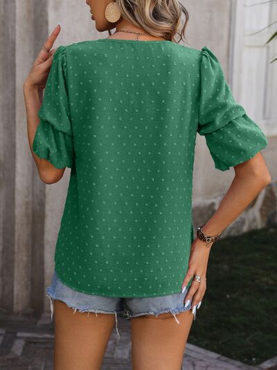 Swiss Dot V-Neck Short Sleeve Blouse - Women’s Clothing & Accessories - Shirts & Tops - 7 - 2024